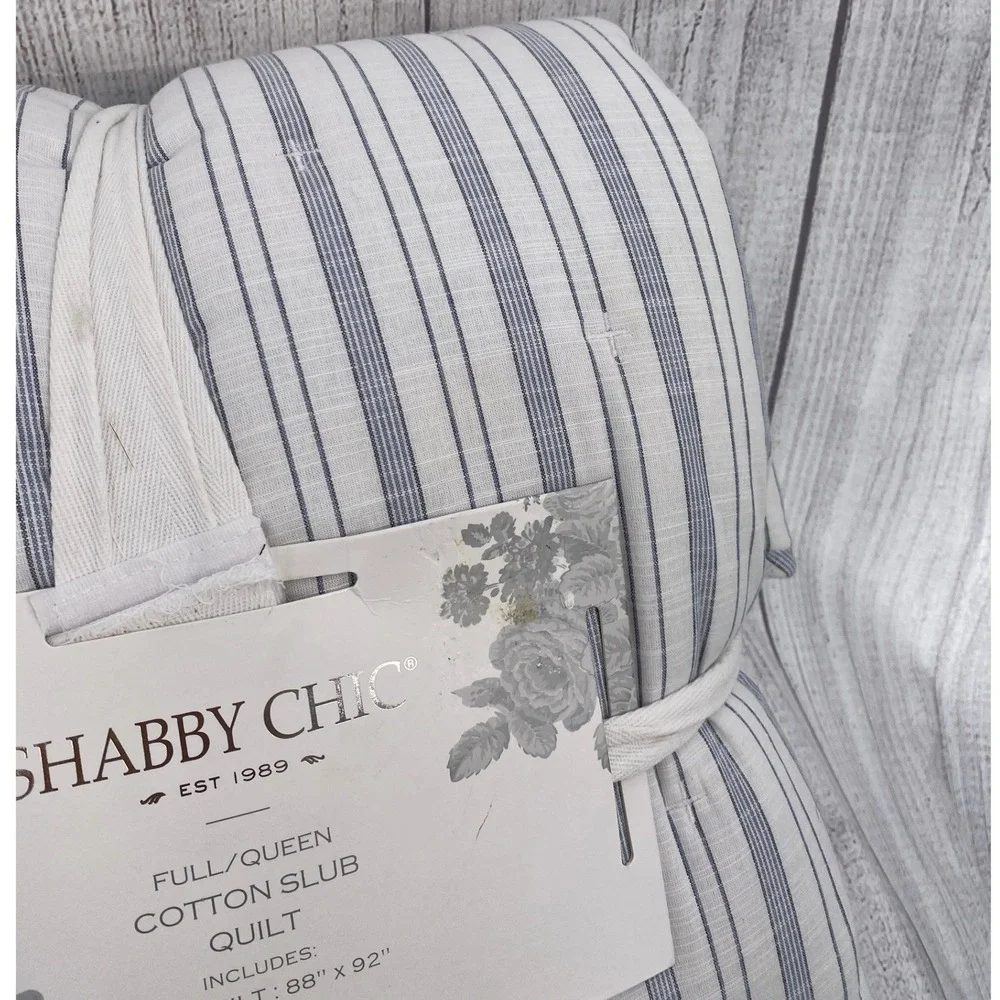 Shabby Chic Quilt Full/Queen Blue White Cotton Slub Ticking Stripe Farmhouse